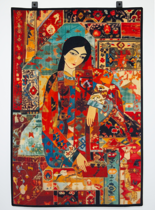 Textile piece Layla by Seyed Alavi, a fine inkjet-printed rug blending poetry, beauty, and digital craftsmanship inspired by Persian romantic traditions.