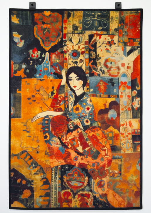 Textile piece Layla by Seyed Alavi, a fine inkjet-printed rug blending poetry, beauty, and digital craftsmanship inspired by Persian romantic traditions.